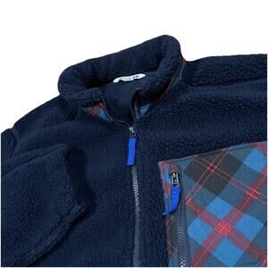 Uniqlo JW Anderson Jacket Men XL Blue Teddy Deep Pile Sherpa Fleece Plaid Pocket